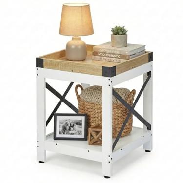 Imagem de Mesa lateral de fazenda com prateleira de armazenamento de 2 níveis, mesa lateral quadrada grande mesa de sofá moderna mesa de centro industrial de 17,7 polegadas mesa de cabeceira para sala de estar