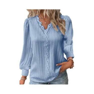 Imagem de Blusa Feminina Elegante De Chiffon Com Decote Em V, Manga Longa E Deta