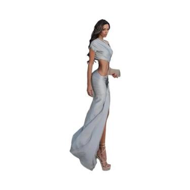 Imagem de Vestido Longo Sem Mangas Com Gola Diagonal Franzida E Fendas Irregular