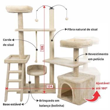 Imagem de Arranhador de gato grande, luxuoso, ajustável, multifuncional com casa, camas, poleiros, escada e brinquedo giratório