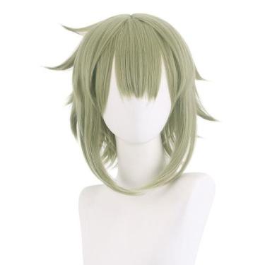 Imagem de Peruca de cosplay verde claro, curta, em camadas, com franja, 35 cm de