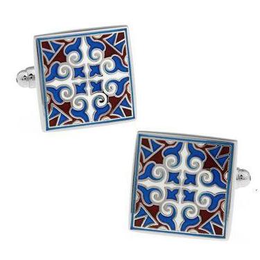 Imagem de Cuff Links, elegante esmalte, floral romano para homens, azul e branco