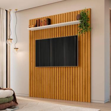 Imagem de Painel Ripado para Tv até 65 Polegadas 220x184cm 1 Prateleiras 100% Mdf Roma Cinamomo/Off White