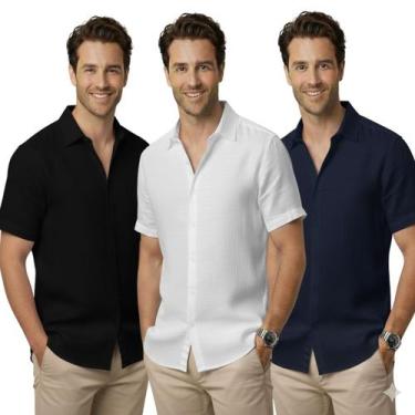 Imagem de Kit 3 Camisa de linho Masculina para verão praia manga curta fresca mo