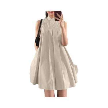 Imagem de Vestido Feminino Vintage Plissado Evasê, Sem Mangas, Gola Mandarim, Ro