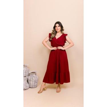 Imagem de Vestido Longo Casual Decote  V - Negga Exibida , Vermelho, M