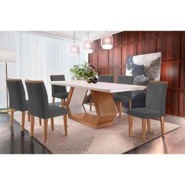 Imagem de Sala De Jantar Completa Alvorada C- Tampo Madeirado Canto Reto 180x90cm E 6 Cadeiras Amsterdã Imbuia-off White - Suede Grafite - Rufato