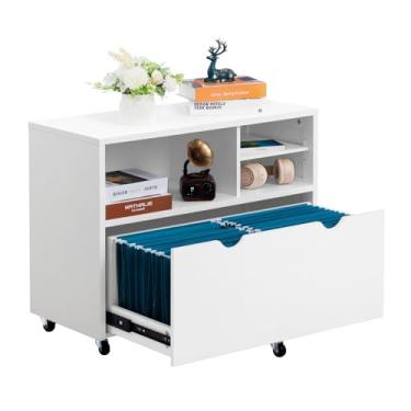 Imagem de HollyHOME Armário de arquivo lateral com gaveta, armário de arquivo branco com haste ajustável para arquivos de tamanho carta/carta/A4, suporte de impressora moderno de madeira de 89,9 cm com espaços