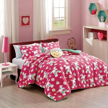Imagem de Conjunto de edredom infantil de unicórnio rosa e arco-íris, tamanho solteiro, rosa choque, 3 peças, com estampa fofa para meninas
