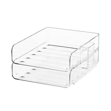 Imagem de FANXIYQ Organizador de bandeja de papel acrílico de 2 camadas com suporte de caneta | Organizador de mesa empilhável transparente para documentos, cartas, papel A4 | Escritório moderno/sala de aula
