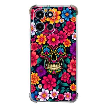 Imagem de Beaucov Capa para Moto G 2025, caveira preta, flores coloridas, proteção contra quedas, à prova de choque, capa protetora de corpo inteiro TPU resistente a arranhões para Motorola Moto G 2025