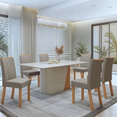 Imagem de Conjunto Luar 170cm Tampo MDF com Vidro e 6 Cadeiras Apogeu Amêndoa Clean/Off White/Capuccino
