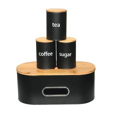 Imagem de SOTECH Conjunto De Recipientes Cozinha, Grande Caixa Pão Metal E 3 Potes Redondos Para Café, Açúcar Chá, Bancada, Recipiente Armazenamento Lanches Com Tampa Bambu (Preto)