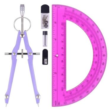 Imagem de Unjoo Conjunto de bússola e transferidor, ferramenta profissional de bússola de desenho, bússola de metal com refis extras, bússola para geometria e transferidores matemáticos de 15 cm 180 graus (roxo