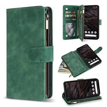 Imagem de ZZXX Capa carteira para Google Pixel 7A com compartimento para cartão com bloqueio de RFID, couro sintético macio, zíper e alça de pulso, capa protetora para Google 7A (15,5 cm verde)