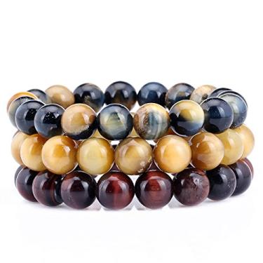 Imagem de Gem Stone King Conjunto de 3 pedras preciosas de olho de tigre de 10 mm, 19 a 19 cm, pulseiras elásticas e empilháveis ajustáveis para mulheres