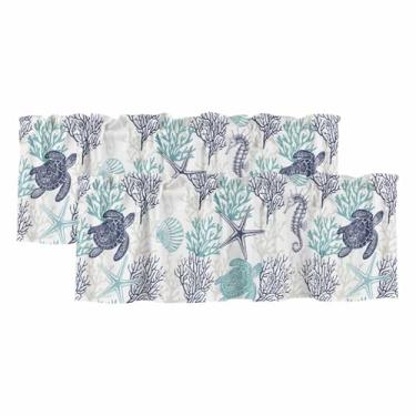 Imagem de Pacote com 2 cortinas de saia para janelas de cozinha, verão, mar, coral, casca, tartaruga, bolso para varão, estrela-do-mar, cavalo-marinho, decoração pequena para quarto, sala de estar, banheiro