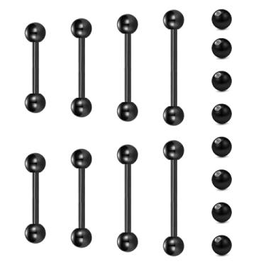 Imagem de VCMART Anéis de língua de mamilo de metal aço inoxidável 12 mm 14 mm 16 mm 18 mm barra longa curta piercing de barra reta piercing de ponte preta para mulheres homens com bolas de substituição