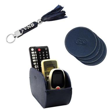 Imagem de Kit Organizador ONIX Porta Copos e Controle em Couro Galvani, Azul