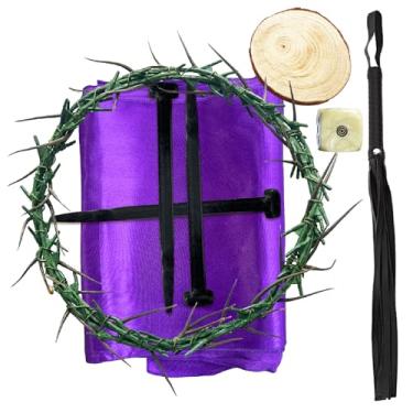 Imagem de Conjunto de coroa de espinhos, 8 peças de adereços religiosos inclui coroa de espinhos, 3 peças de unhas de crucificação, chicote, dados, pano roxo e peça de madeira para decoração de sexta-feira