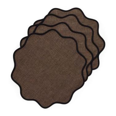 Imagem de Solino Home Jogo americano de linho Scallop com 4-100% linho puro preto e marrom cambraia jogo americano redondo 40,6 cm para o outono, Dia de Ação de Graças - Giselle Scallop Edge, feito à mão e