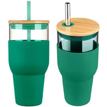Imagem de Copo de vidro kytffu 950 ml com palha e tampa, verde escuro