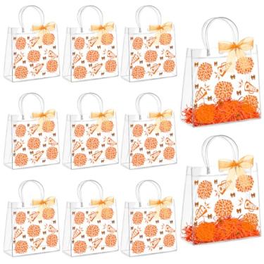 Imagem de AmazingSpark Conjunto de 10 sacos de presente de PVC transparente com alças reutilizáveis para lembrancinhas de festa com fita de ráfia saco de presente de plástico para líder de torcida (laranja)
