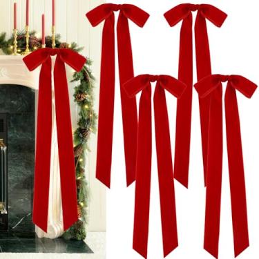 Imagem de 8 peças de laços de Natal de veludo vermelho, 50 x 21 cm, laços de fita de veludo extra grande com cauda longa, laços rústicos para árvore de Natal, guirlanda, escada, lareira, decoração de Natal para