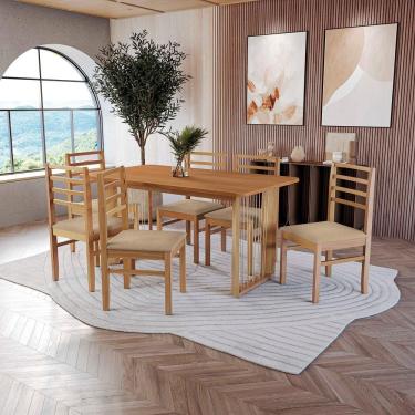 Imagem de Conjunto Sala De Jantar Elisa Em Madeira Maciça 6 Cadeiras Boucle Bege