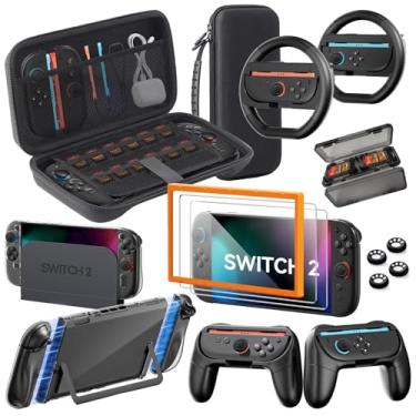 Imagem de Switch 2 Accessories Bundle for Nintendo, 16-in-1 Game Kit: Carrying Case, Screen Protectors with Alignment Frame, Steering Wheels, Grips for Joycon Controller, Dockable Console Protective Cover Shell