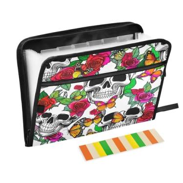 Imagem de CEBUGI Pasta expansível de 13 bolsos, impermeável, sanfonada, organizador de arquivos com etiquetas tamanho A4, organizador de documentos de papel para escola, material de escritório, caveiras, rosas