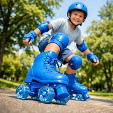 Imagem de Patins Infantil 4 Rodas LED Brilhantes Ajustável Azul Tamanho 31-34 Roller Quad Confortável Seguro Resistente Diversão Lazer Atividade Física Inmetro.