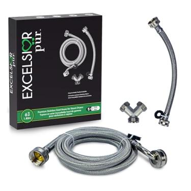 Imagem de Excelsior Pür | Kit de mangueira de vapor para instalação de lavadora/secadora a vapor, mangueira de vapor de aço inoxidável trançado de 1,8 m, 304XS, explosão de 2500 PSI, conectores serrilhados sem