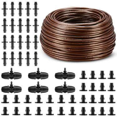 Imagem de Nuanchu Mangueira hidropônica de gotejamento de 100 m 1/4 polegada com espaçamento de emissor de 15 cm, kit de tubulação de gotejamento de irrigação com 6 peças de conectores de 3 vias, 20 peças de