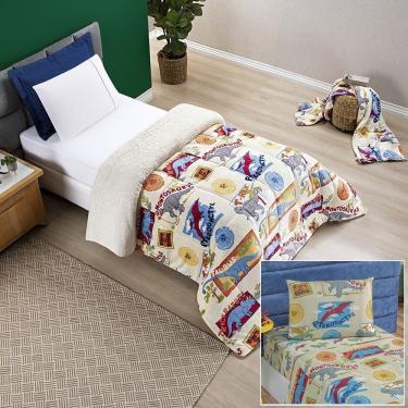 Imagem de Kit Coberdrom + Jogo de Cama Bouti Kids Solteiro 04 Peças 100% Poliéster - Dino