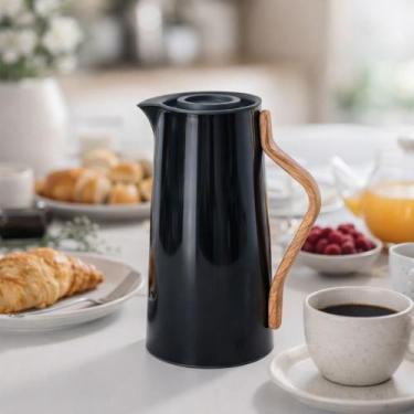 Imagem de Garrafa Térmica 1L Café Chá Com Cabo Madeira Hermética Preta - Lehavi