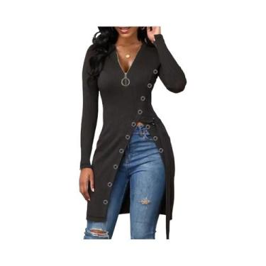 Imagem de Camiseta Feminina De Manga Longa Com Decote Em V E Zíper, Estilo Europ