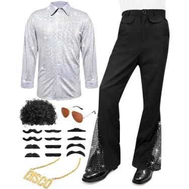 Imagem de 6 peças de roupa de discoteca masculina dos anos 70, retrô, calça de sino dos anos 80, camisas de manga curta, colar e bigode, óculos de sol, Prata, 2X-Large