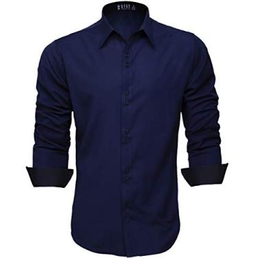 Camisa Social Masculina Manga Longa Slim Fácil Passar (GG, Azul Marinho)