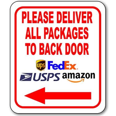 Imagem de Please Deliver All Packages to Back Door Left Arrow Delivery Sign for Delivery Driver Driver Delivery Instruções de entrega para Meus Pacotes da Amazon, FedEx, USPS, UPS - Placas Internas Externas para Casa - 21,5 cm x 25,4 cm