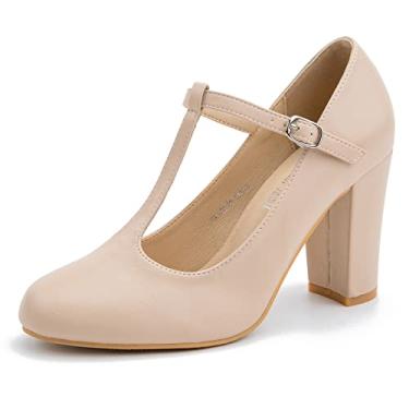 Imagem de Sapato feminino clássico com tira em T salto grosso Mary Jane scarpin vestido de casamento, Nude fosco, 6.5