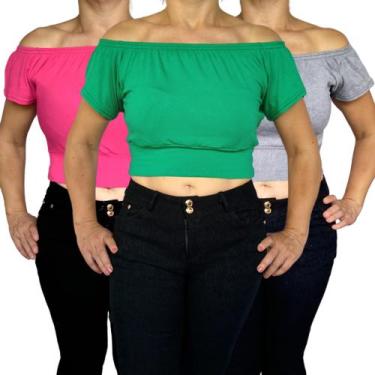 Imagem de Kit 3 Tops Ciganinha Ombro a Ombro Elástico Barra Lisos Cores Sortidas