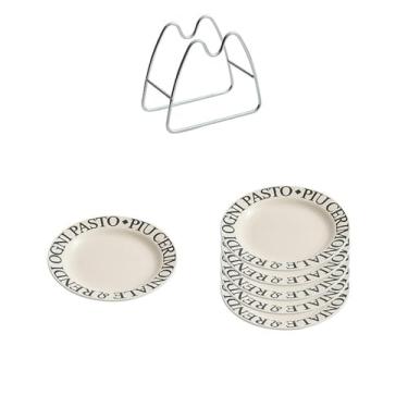 Imagem de Prato de osso de cerâmica francesa, bolo de mesa doméstico e prato de lanche - prato de osso francês de 15 cm * 6 + combinação de rack de aço inoxidável