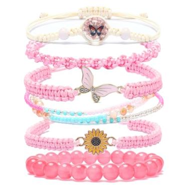 Imagem de DS Pulseiras de contas de corda para meninas adolescentes, delicadas e fofas, margaridas de borboleta, conjunto de flores eternas para mulheres, meninas, ajustável, pulseira de amizade, joias de