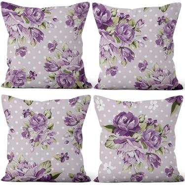 Imagem de Vie Savaran Capas de almofada de flores roxas 50,8 cm x 50,8 cm, conjunto de 4, fronhas de sofá florais retrô para cadeira, sofá, cama, sala de estar, escritório, carro, jardim, pátio, fazenda