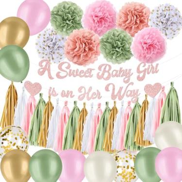 Imagem de Decorações de chá de bebê rosa e verde sálvia