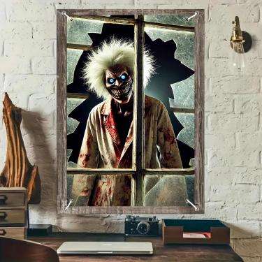 Imagem de BlissYard Capa de janela de Halloween Capa de janela de terror 81 x 129 cm monstro louco olhos azuis casaco sangrento vidro quebrando decoração de Halloween assustadora festa casa assombrada decoração
