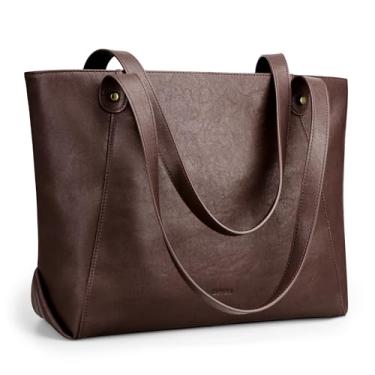 Imagem de befen Bolsa grande de couro genuíno para mulheres com compartimento para laptop, bolsa feminina macia de ombro para trabalho e viagem, Marrom conhaque, One Size