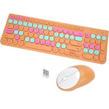 Imagem de Combo de teclado e mouse sem fio, teclado de máquina de escrever retrô com teclas redondas, USB de 2,4 GHz, lindo mouse sem fio para computador, desktop, laptop e computador (laranja colorido)