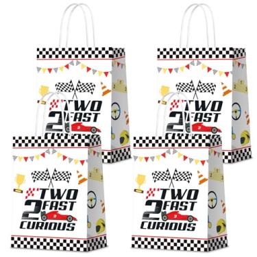 Imagem de KERINGO 16 peças, dois sacos de presente de 2º aniversário com alças empoeirado carro de corrida xadrez lembrancinhas de festa carro de corrida 2º aniversário doces sacos de papel para festa duas